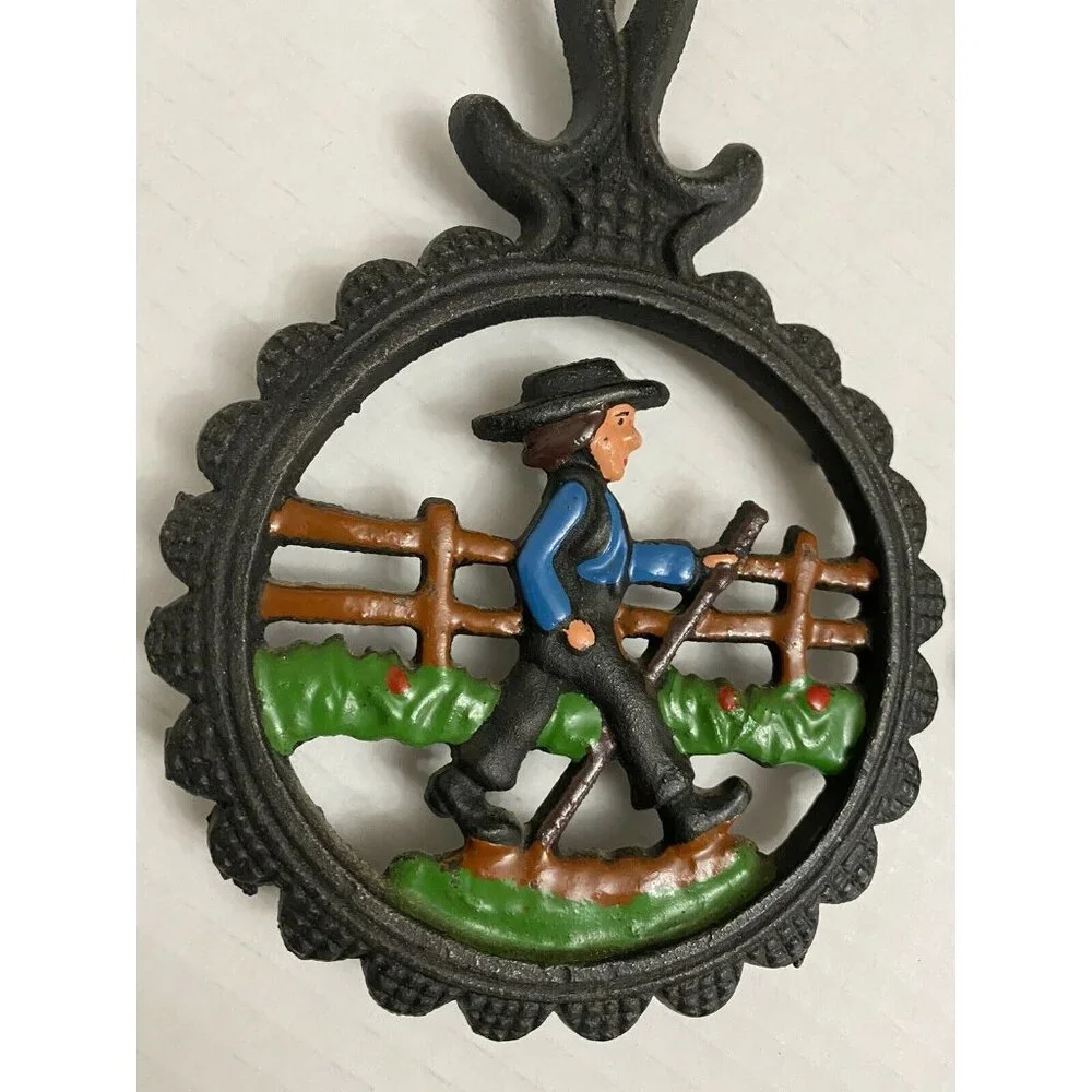 Vintage 1980's Small 2 Hand Painted Quaker Man Amish Cast Iron‎ Trivets